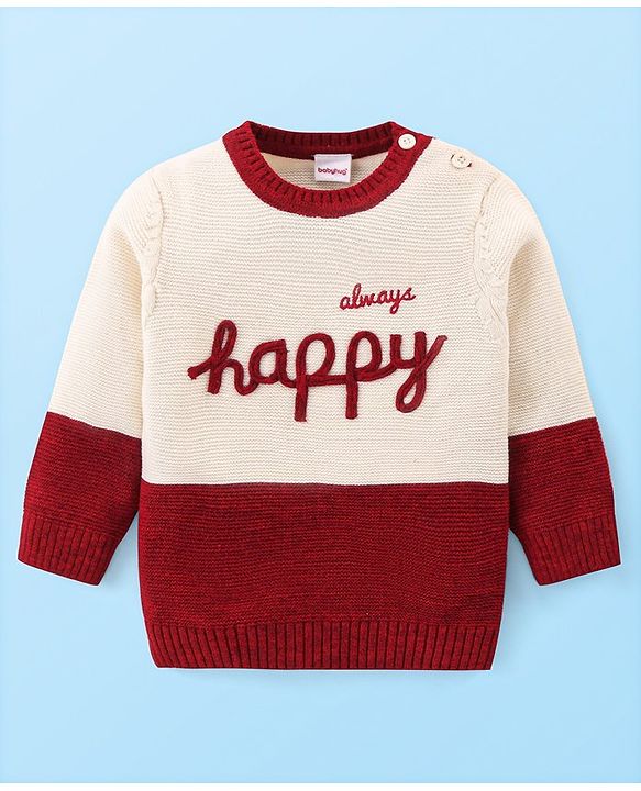 Babyhug Knitted Full Sleeves Pullover Sweater with Colour Block Design & Text Embroidery - Cream & Red