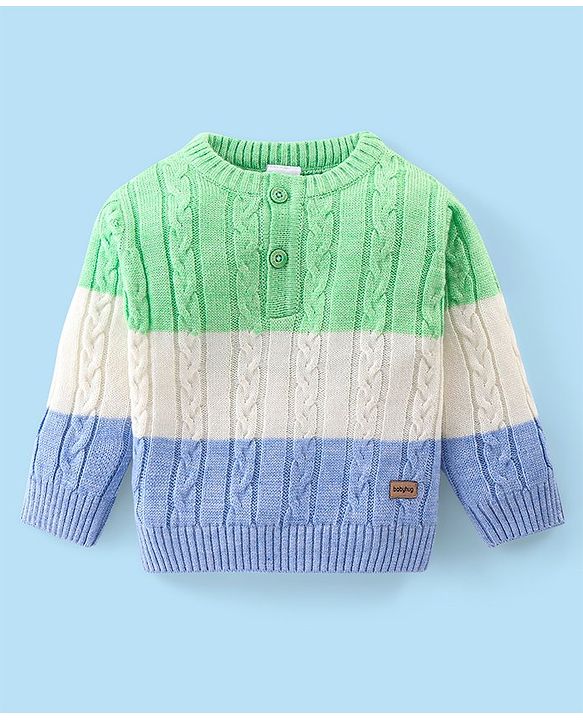 Babyhug Knitted Full Sleeves Pullovers Sweater With Colour Block & Cable Knit Design - Multicolour