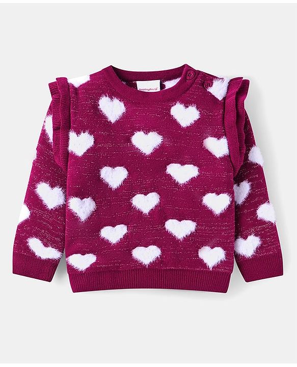 Babyhug Knitted Full Sleeves Pullover Sweater With Heart Design - Wine