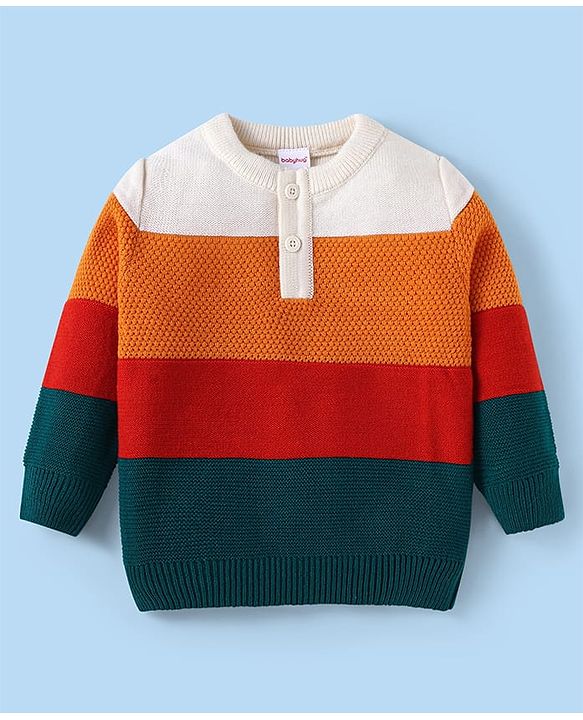 Babyhug Knit Full  Sleeves Pullover Sweater with Stripes Design - Orange Red & Dark Green
