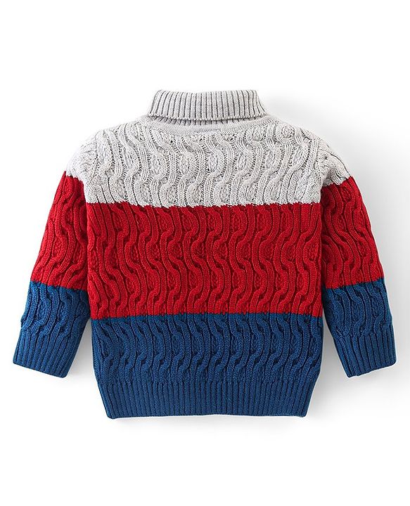 Babyhug Knitted Full Sleeves Turtle Neck Pullovers Sweater With Colour Block & Cable Knit Design - Multicolour