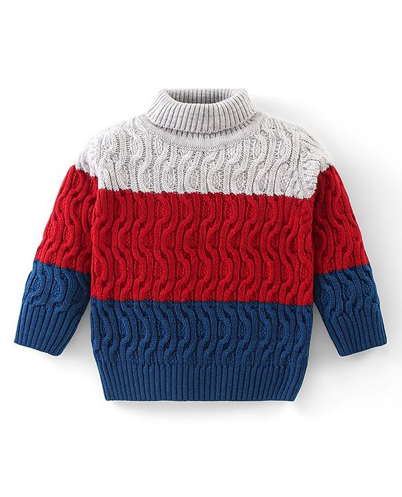 Babyhug Knitted Full Sleeves Turtle Neck Pullovers Sweater With Colour Block & Cable Knit Design - Multicolour