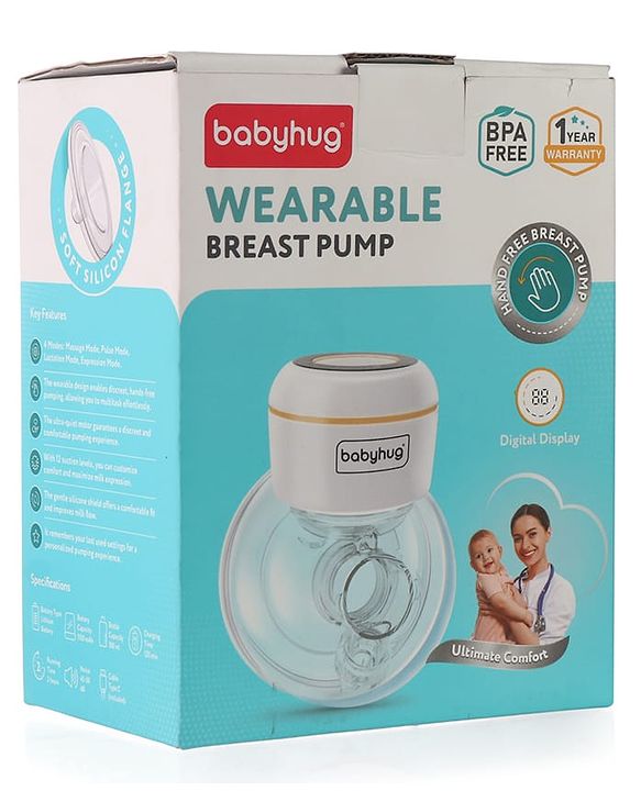 Babyhug Hands-Free Smart Wearable Electric Breast Pump  White| 4 Modes & 12 Levels| Quiet & Discreet| Rechargeable Battery| LED Display| Type C Charging| Anti Overflow| Personalized Pumping