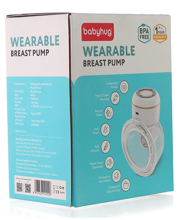 Babyhug Hands-Free Smart Wearable Electric Breast Pump  White| 4 Modes & 12 Levels| Quiet & Discreet| Rechargeable Battery| LED Display| Type C Charging| Anti Overflow| Personalized Pumping