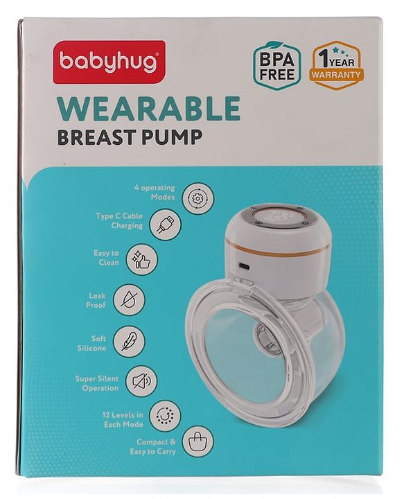 Babyhug Hands-Free Smart Wearable Electric Breast Pump  White| 4 Modes & 12 Levels| Quiet & Discreet| Rechargeable Battery| LED Display| Type C Charging| Anti Overflow| Personalized Pumping