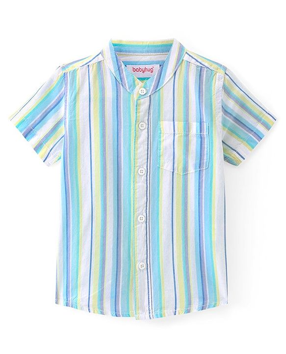 Babyhug Cotton Woven Half Sleeves Mandarin Collar Striped Shirt - Multicolour