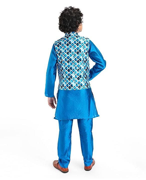 Pine Kids Woven Full Sleeves Solid Kurta Pyjama Set with Printed Jacket - Teal Blue