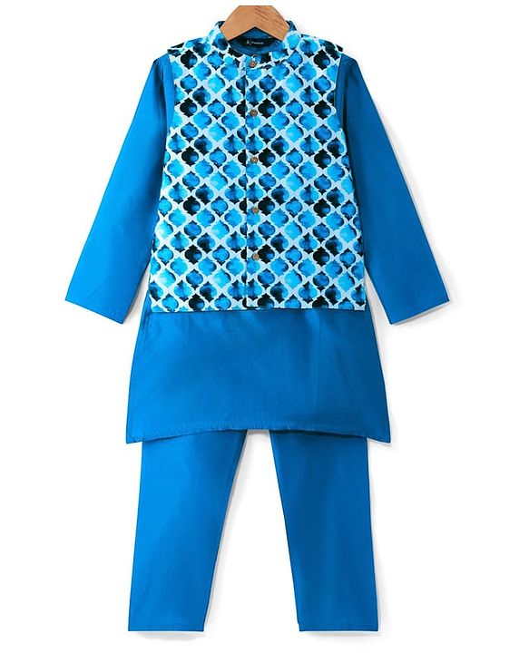 Pine Kids Woven Full Sleeves Solid Kurta Pyjama Set with Printed Jacket - Teal Blue