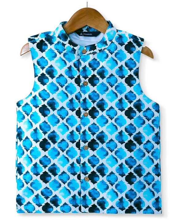 Pine Kids Woven Full Sleeves Solid Kurta Pyjama Set with Printed Jacket - Teal Blue