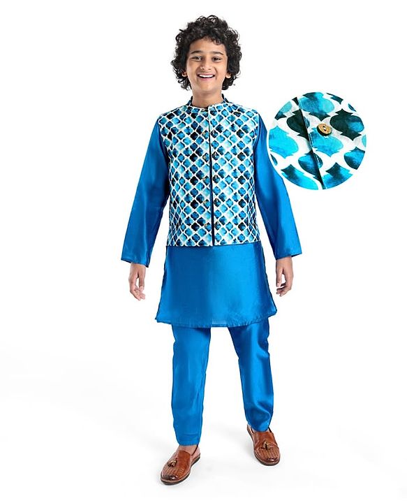 Pine Kids Woven Full Sleeves Solid Kurta Pyjama Set with Printed Jacket - Teal Blue