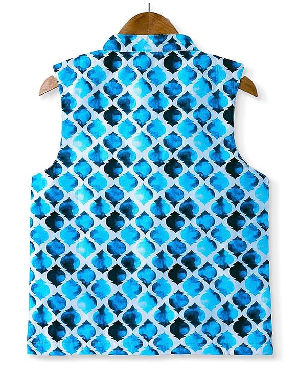 Pine Kids Woven Full Sleeves Solid Kurta Pyjama Set with Printed Jacket - Teal Blue