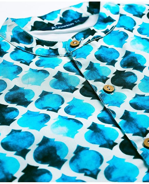 Pine Kids Woven Full Sleeves Solid Kurta Pyjama Set with Printed Jacket - Teal Blue
