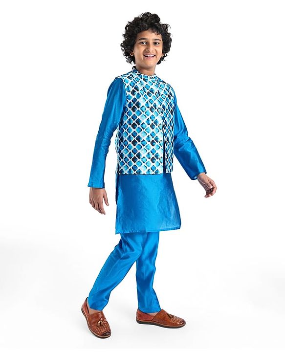 Pine Kids Woven Full Sleeves Solid Kurta Pyjama Set with Printed Jacket - Teal Blue