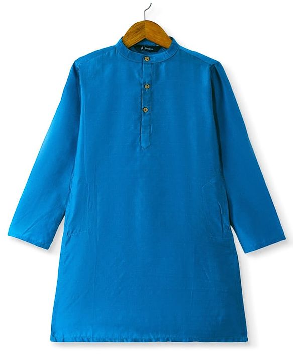 Pine Kids Woven Full Sleeves Solid Kurta Pyjama Set with Printed Jacket - Teal Blue