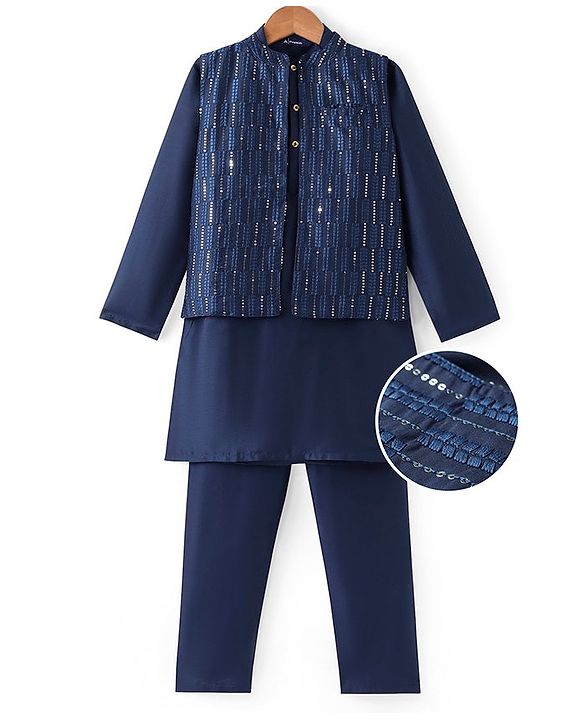 Pine Kids Woven Full Sleeves Kurta Pyjama Set with Sequined Detailed Modi Jacket - Navy Blue