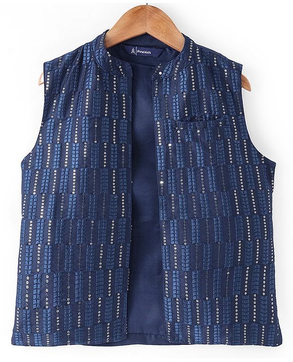 Pine Kids Woven Full Sleeves Kurta Pyjama Set with Sequined Detailed Modi Jacket - Navy Blue