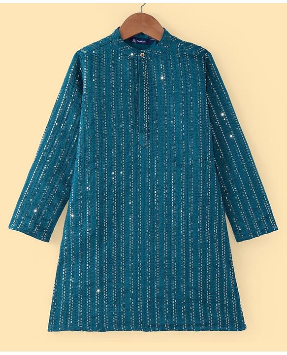 Pine Kids Woven Full Sleeves Sequinned Kurta Pyjama Set - Teal Blue