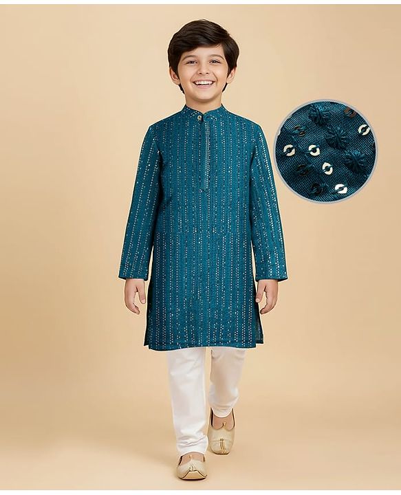 Pine Kids Woven Full Sleeves Sequinned Kurta Pyjama Set - Teal Blue