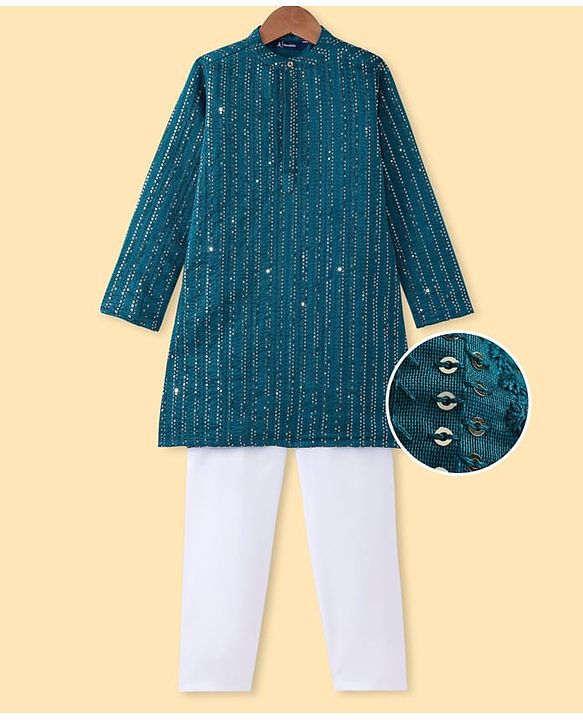 Pine Kids Woven Full Sleeves Sequinned Kurta Pyjama Set - Teal Blue