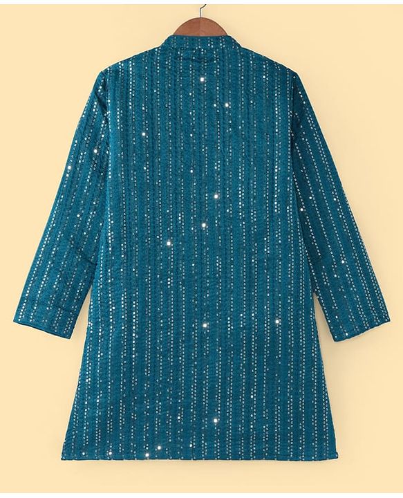 Pine Kids Woven Full Sleeves Sequinned Kurta Pyjama Set - Teal Blue