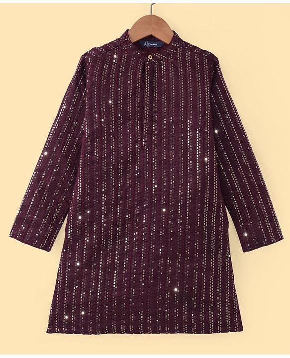 Pine Kids Woven Full Sleeves Sequinned Kurta Pyjama Set - Wine