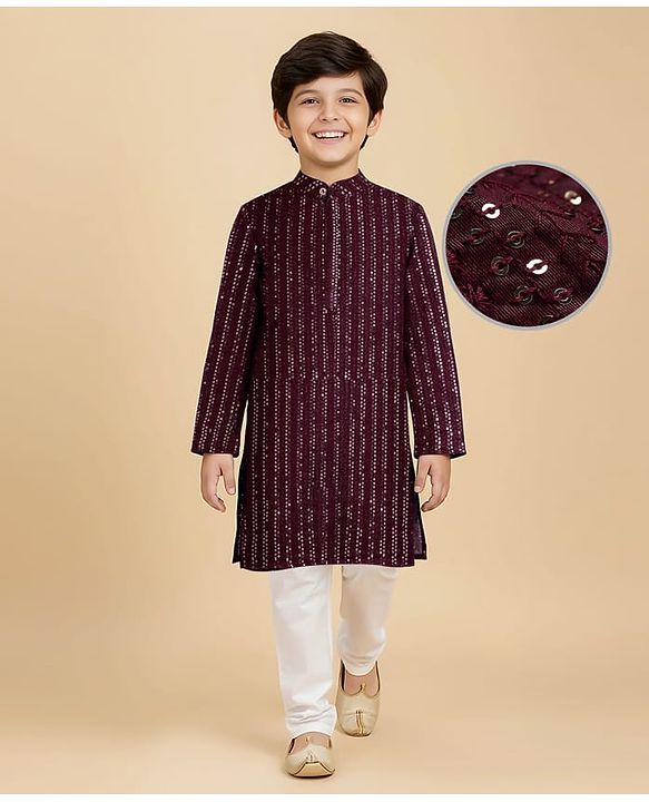 Pine Kids Woven Full Sleeves Sequinned Kurta Pyjama Set - Wine