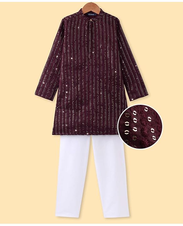 Pine Kids Woven Full Sleeves Sequinned Kurta Pyjama Set - Wine