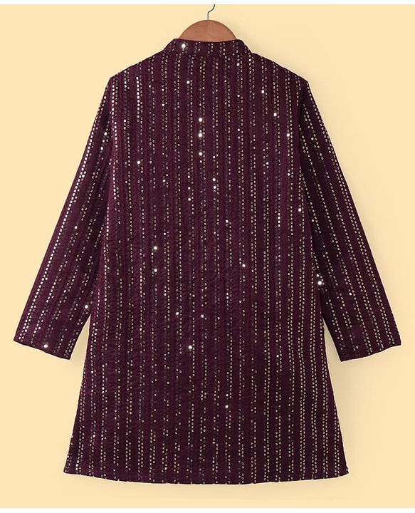 Pine Kids Woven Full Sleeves Sequinned Kurta Pyjama Set - Wine