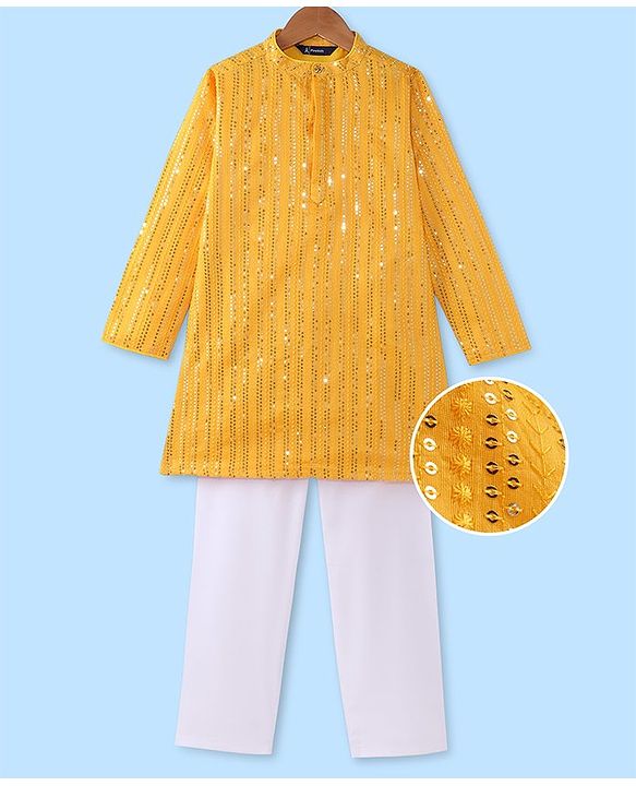 Pine Kids Woven Full Sleeves Sequinned Kurta Pyjama Set - Mustard