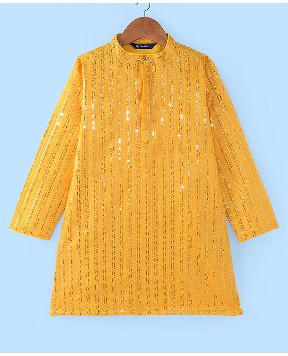 Pine Kids Woven Full Sleeves Sequinned Kurta Pyjama Set - Mustard