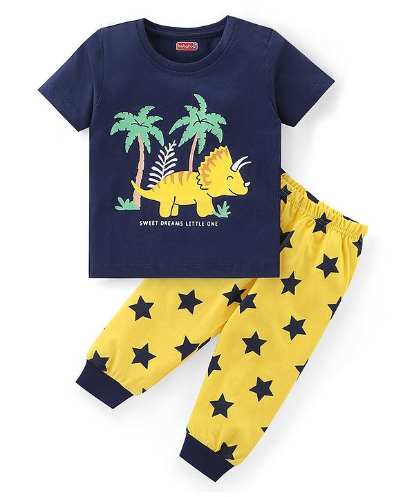 Babyhug Cotton Knit Half Sleeves Night Suit with Animal & Star Print - Navy & Yellow