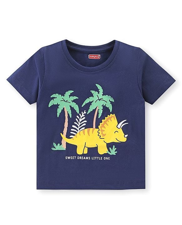 Babyhug Cotton Knit Half Sleeves Night Suit with Animal & Star Print - Navy & Yellow