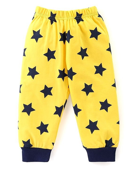 Babyhug Cotton Knit Half Sleeves Night Suit with Animal & Star Print - Navy & Yellow