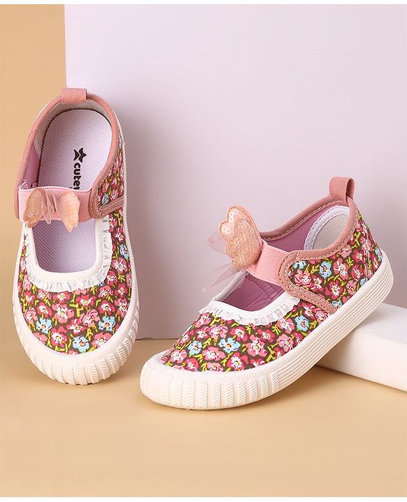 Cute Walk by Babyhug Slip On Casual Shoes with Floral Print & Butterfly Applique- Pink
