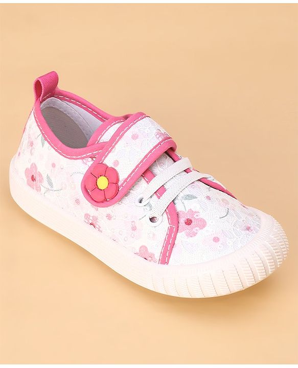 Cute Walk by Babyhug Casual Shoes with Velcro Closure & Floral Print & Applique - Fuchsia