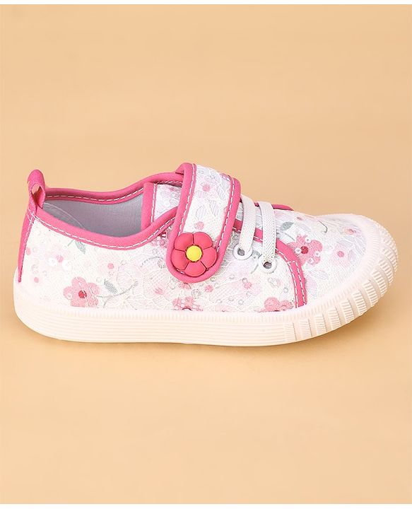 Cute Walk by Babyhug Casual Shoes with Velcro Closure & Floral Print & Applique - Fuchsia
