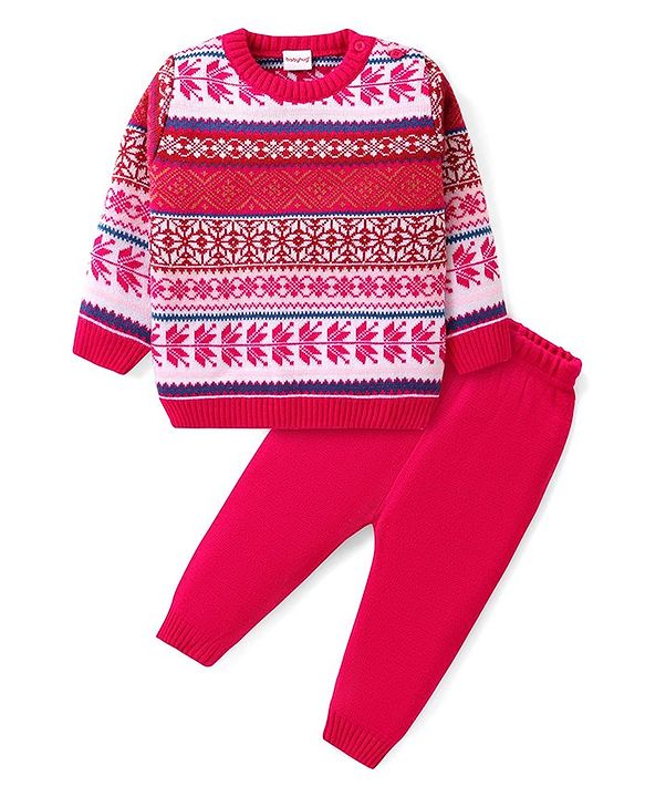 Babyhug Knitted Full Sleeves Pullover Sweater Set with Intarsia Design - Multicolour