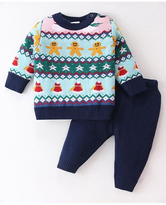 Babyhug Knitted Full Sleeves Pullover Sweater Set With Christmas Theme Design - Navy Blue