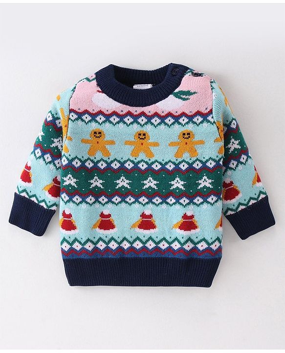Babyhug Knitted Full Sleeves Pullover Sweater Set With Christmas Theme Design - Navy Blue