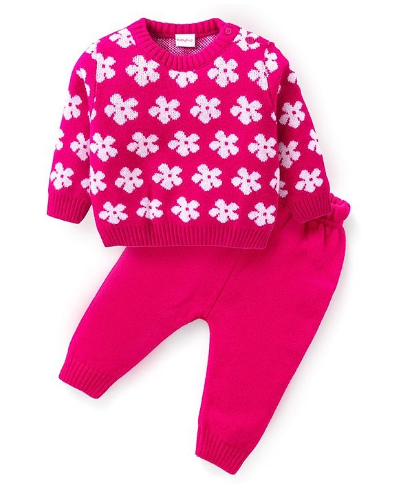 Babyhug Knitted Full Sleeves Pullover Sweater Set With Floral Design- Pink