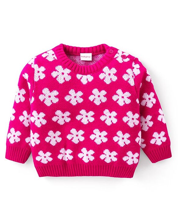 Babyhug Knitted Full Sleeves Pullover Sweater Set With Floral Design- Pink