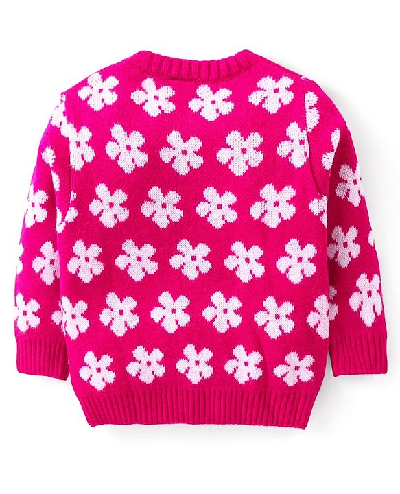 Babyhug Knitted Full Sleeves Pullover Sweater Set With Floral Design- Pink