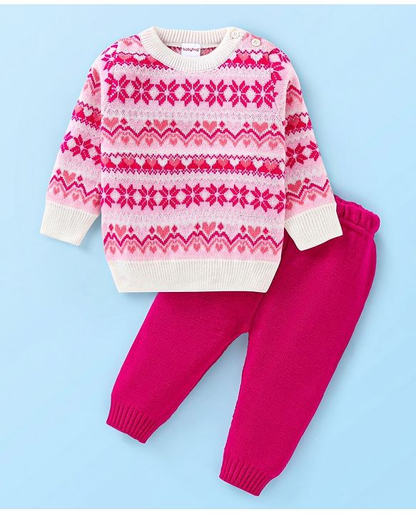 Babyhug Knitted Full Sleeves Pullover Sweater Set With Heart Design - Dark Pink