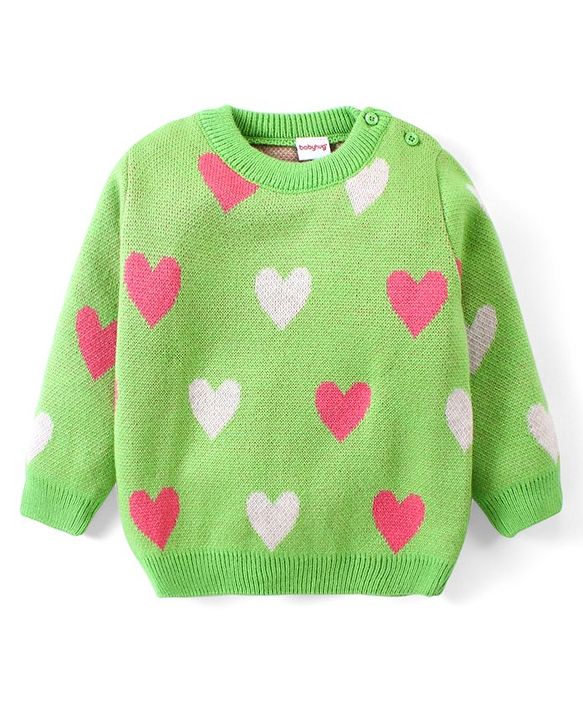 Babyhug Knit Full Sleeves Sweater Set With Hearts Design - Green
