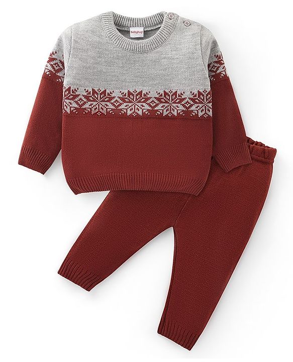 Babyhug Knitted Full Sleeves Sweater Set with Floral Design - Maroon