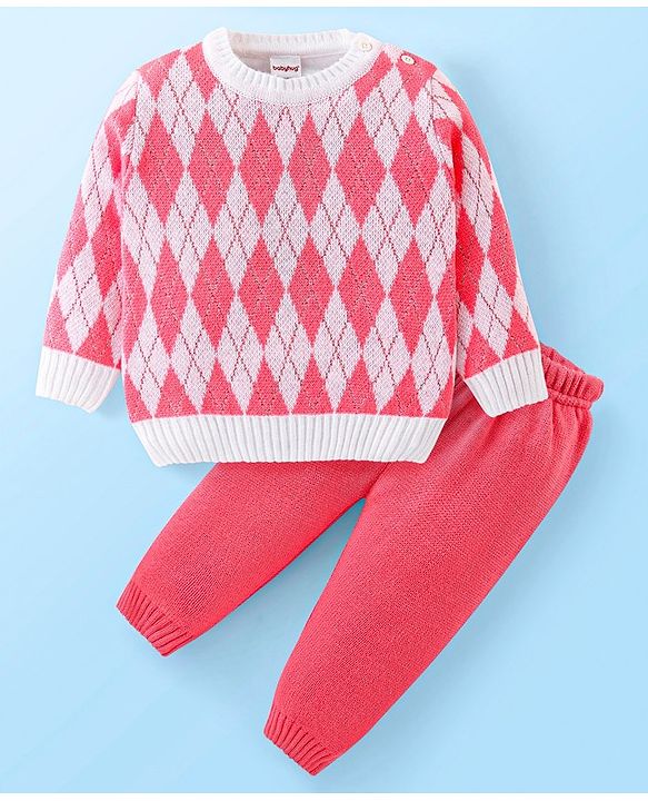 Babyhug Knit Full Sleeves Sweater Set With Argyle Design - Pink