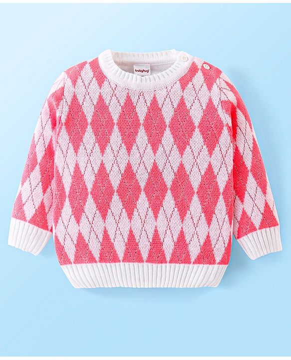 Babyhug Knit Full Sleeves Sweater Set With Argyle Design - Pink