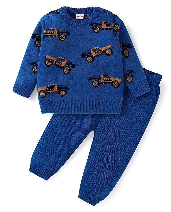 Babyhug Knitted Full Sleeves Pullover Sweater Set with Truck Design - Blue