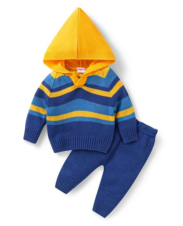 Babyhug Knit Full Raglan Sleeves Striped Hooded  Sweater Set - Navy & Yellow