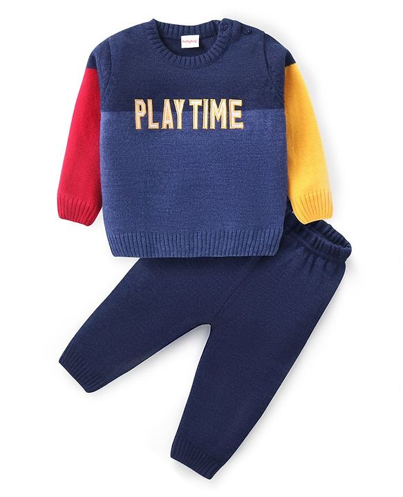 Babyhug Knitted Full Sleeves Pullover Sweater Set with Text Embroidery - Navy Blue & Yellow